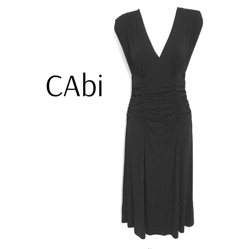CAbi Black Midi Dress with Deep V Neck